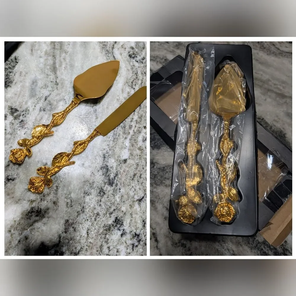 NIB Gold Tone Cake Server and Knife Set, Rose And Leaf Motif, Personalizable